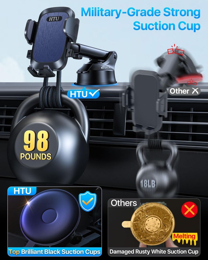 HTU 【98+LBS Strongest Suction & Military-Grade】Ultimate Car Phone Mount【Patent & Safety Certs】 Cell Phone Holder Truck Stand for Dashboard Windshield Vent for iPhone 17 Pro Max 16 15 Samsung (Dark Blue) - Image 2